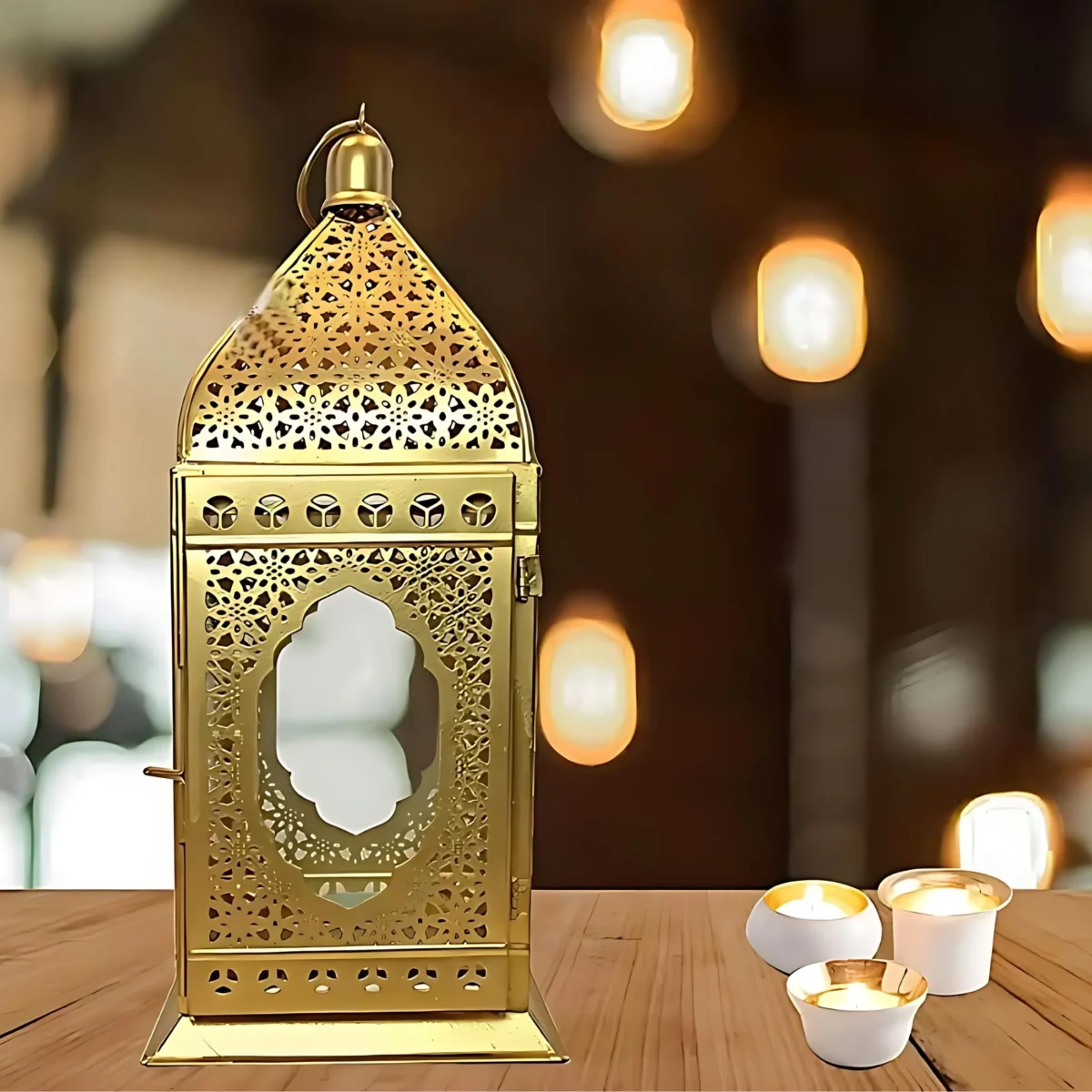 Introducing our Moroccan Glass Table Top Lantern, a stunning blend of traditional craftsmanship and modern elegance. Designed to enhance any space with its warm, inviting glow, this lantern is perfect for creating a romantic ambiance or adding a touch of sophistication to your home decor. Key Features: Material: Crafted from high-quality metal and glass, this lantern is durable and visually captivating, making it a timeless piece for your home. Size: With dimensions of 14 cm (Length) x 14 cm (Width) x 32 cm (Height) and a weight of 800 grams, this lantern is perfectly sized for table top placement, offering both style and stability. Design: The lantern features intricate Moroccan-inspired patterns that reflect beautifully through the glass, creating mesmerizing light effects that enhance any setting. Versatile Use: Ideal for a variety of occasions, including home decor, romantic candlelight dinners, festive celebrations like Diwali and Christmas, and as a thoughtful gift for loved ones. Safety: Designed to hold tealight candles securely, this lantern helps prevent accidental fires by keeping candles stable and safe. Ambiance: Whether you're looking to lighten up dull interiors, set the mood for a special evening, or add a touch of elegance to a party, this lantern is the perfect choice. Conclusion: The Moroccan Glass Table Top Lantern is more than just a decorative piece—it's a versatile accessory that brings warmth, elegance, and a touch of Moroccan charm to any space. Ideal for those who appreciate the beauty of candlelight combined with the safety and stability of a well-crafted lantern.