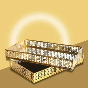 Metal Gifting Trays with Mirror Top, Open Gifting Trays for Wedding Packing, Gifting Trays for Packing Basket, Motif Hamper Trousseau Packing Tray (Pack of 4, 14" X 8")