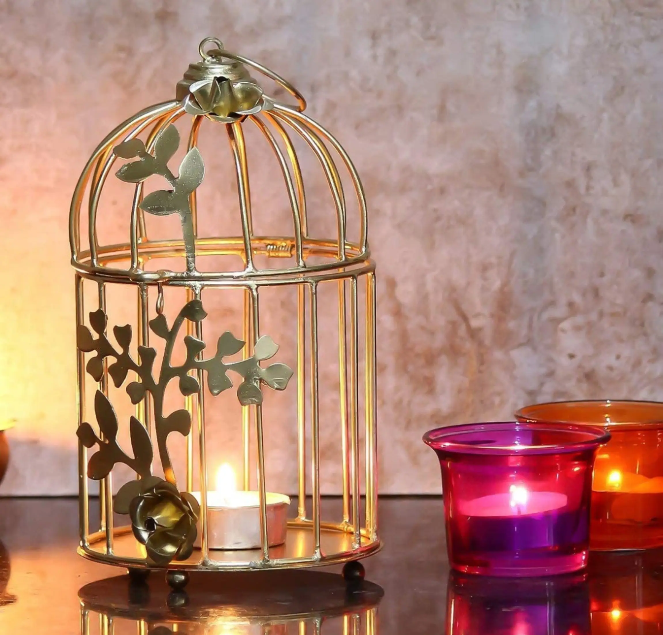 Metal Bird Cage Golden Tealight Candle Holder for Home Decor