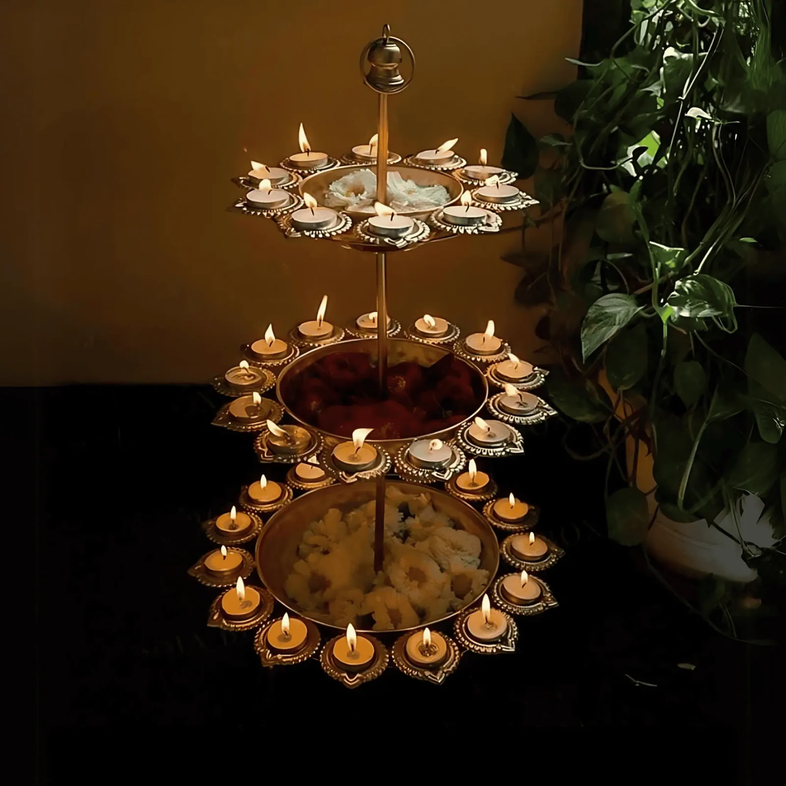 Metal 3 Layer Lotus Shaped Golden Urli Stand Diya