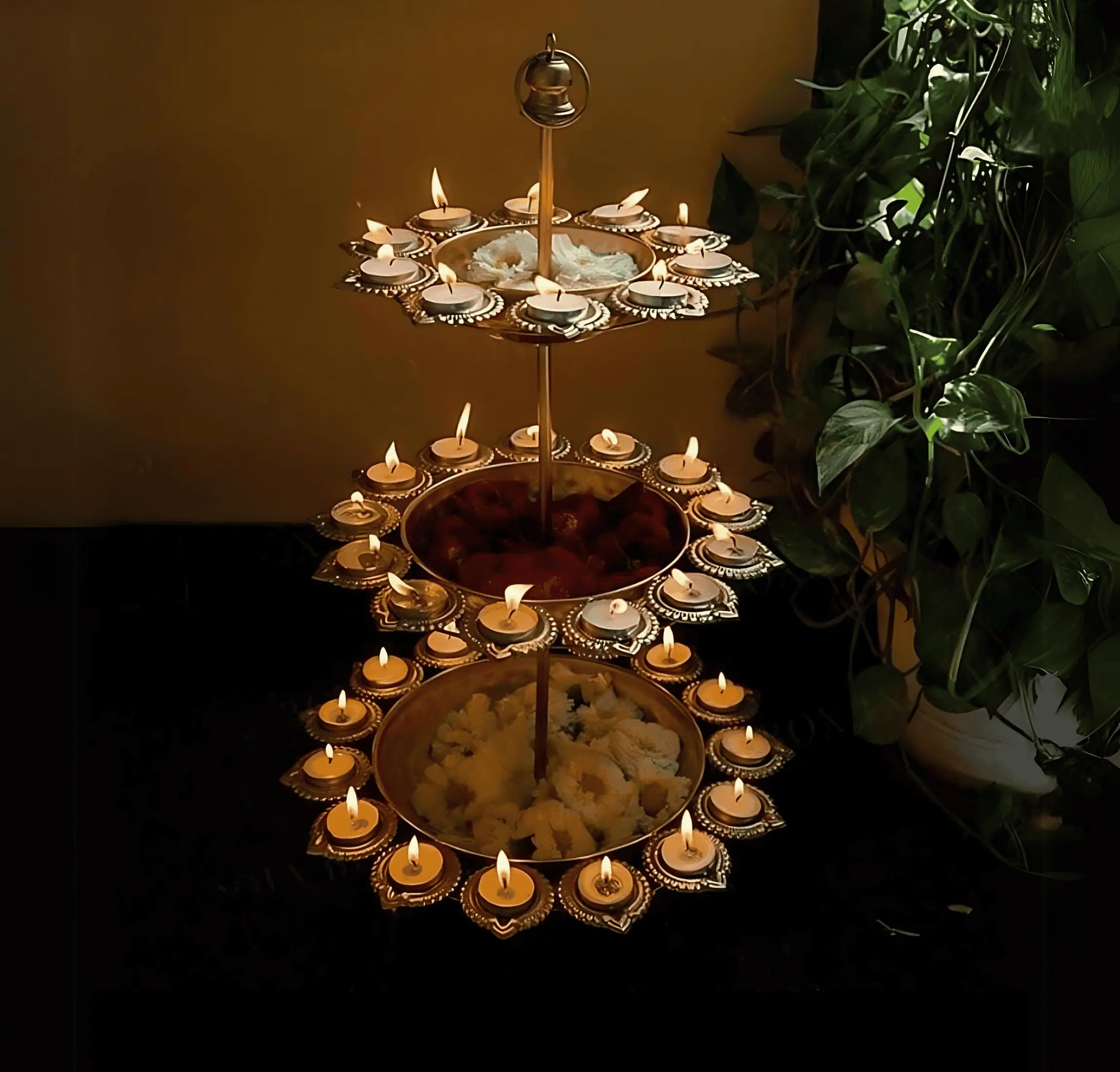 Metal 3 Layer Lotus Shaped Golden Urli Stand Diya