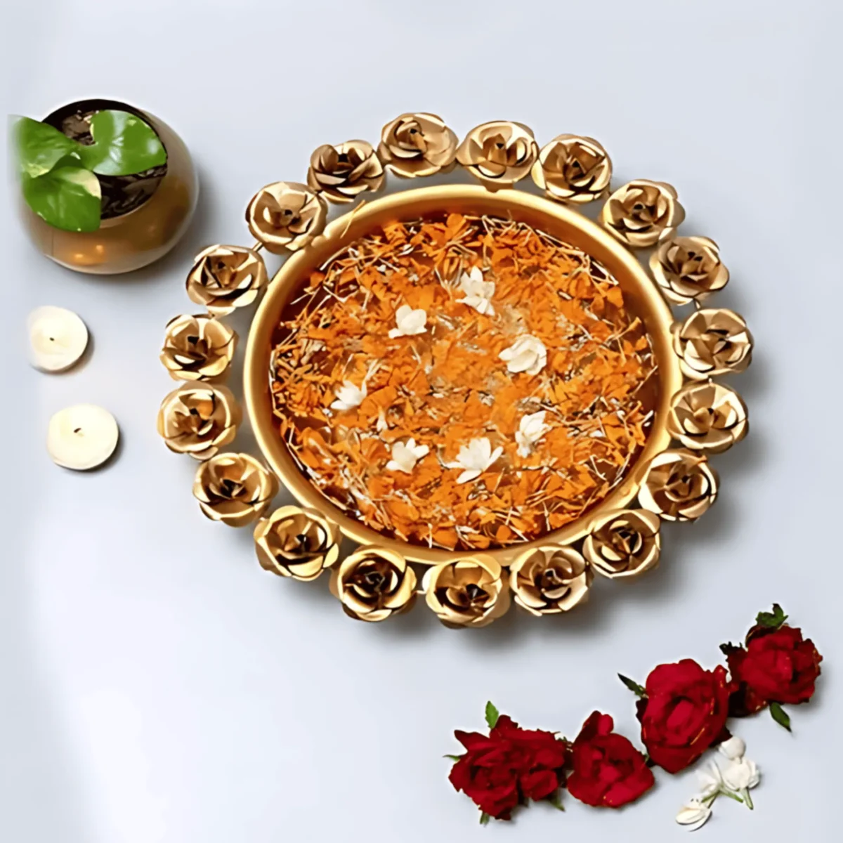 Rose Metal Decorative Urli Bowl For Flowers Handcrafted