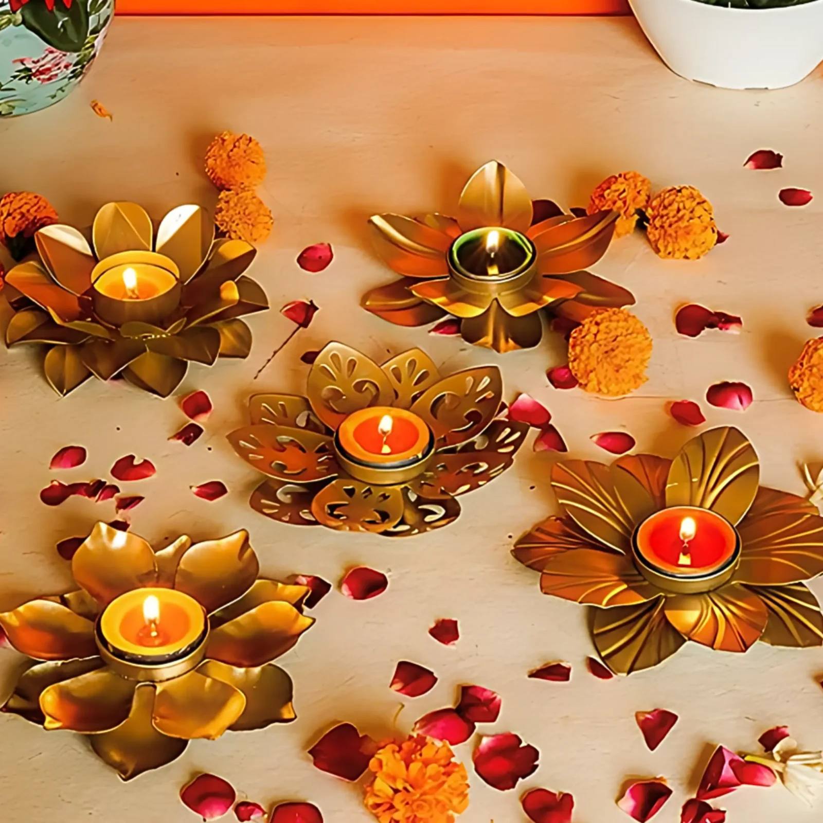 Metal Flower Shaped Diya Tea Light Candle Holder