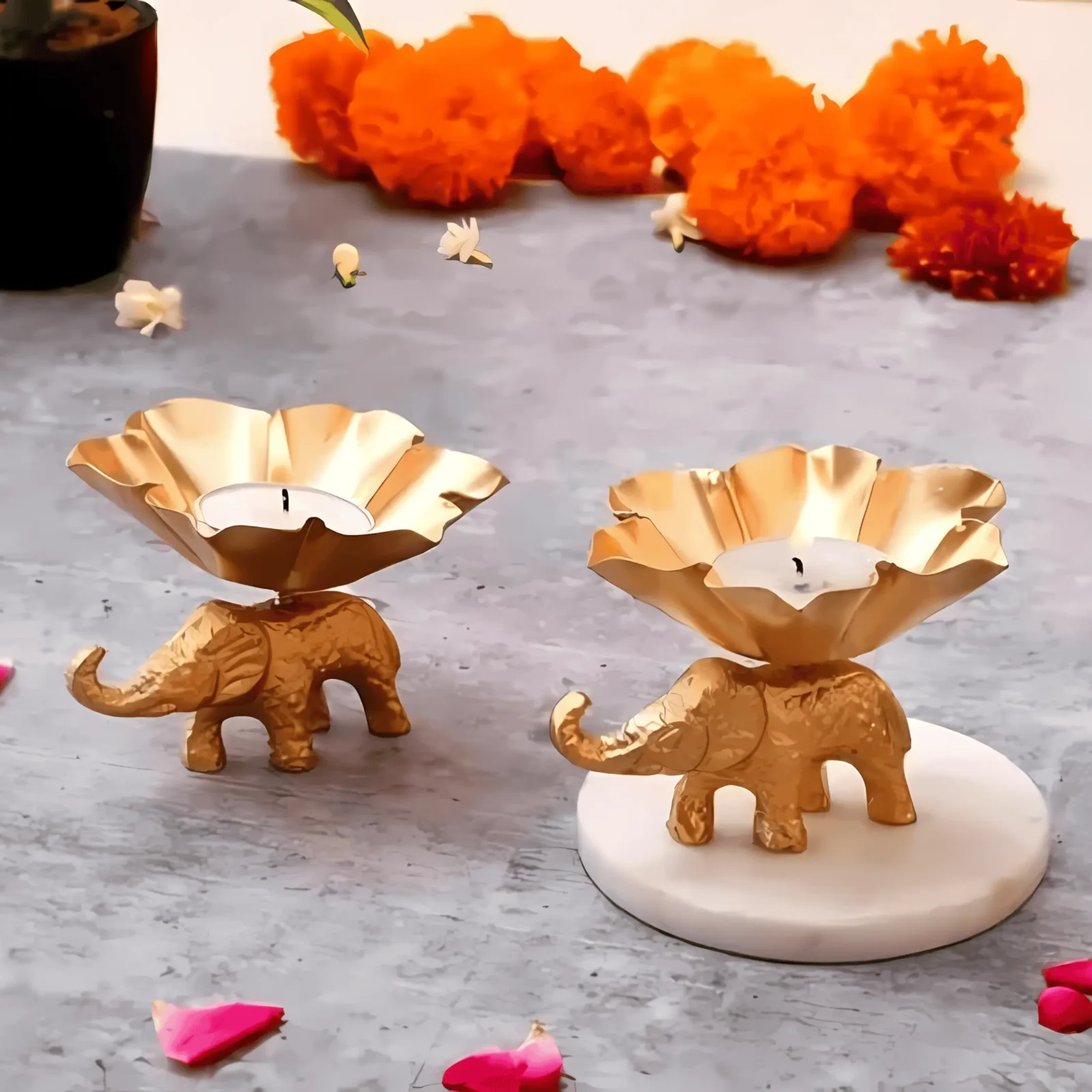 Gold Elephant-Shaped Aluminium Candle Holder