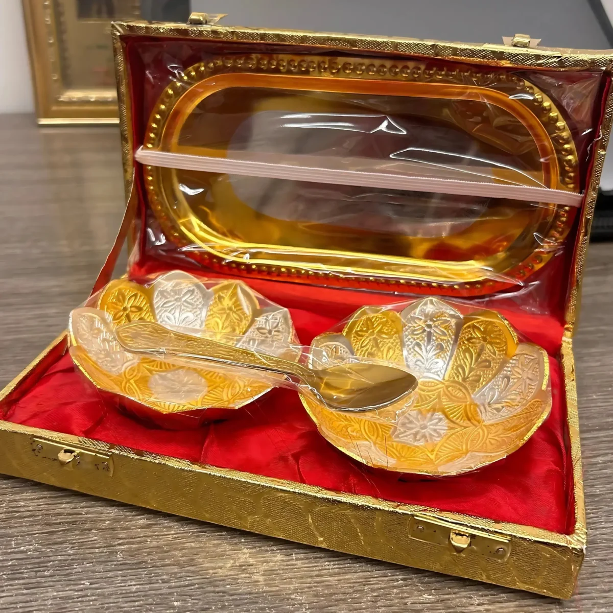 German Silver Golden Plated Metal Bowl Set for Gifting