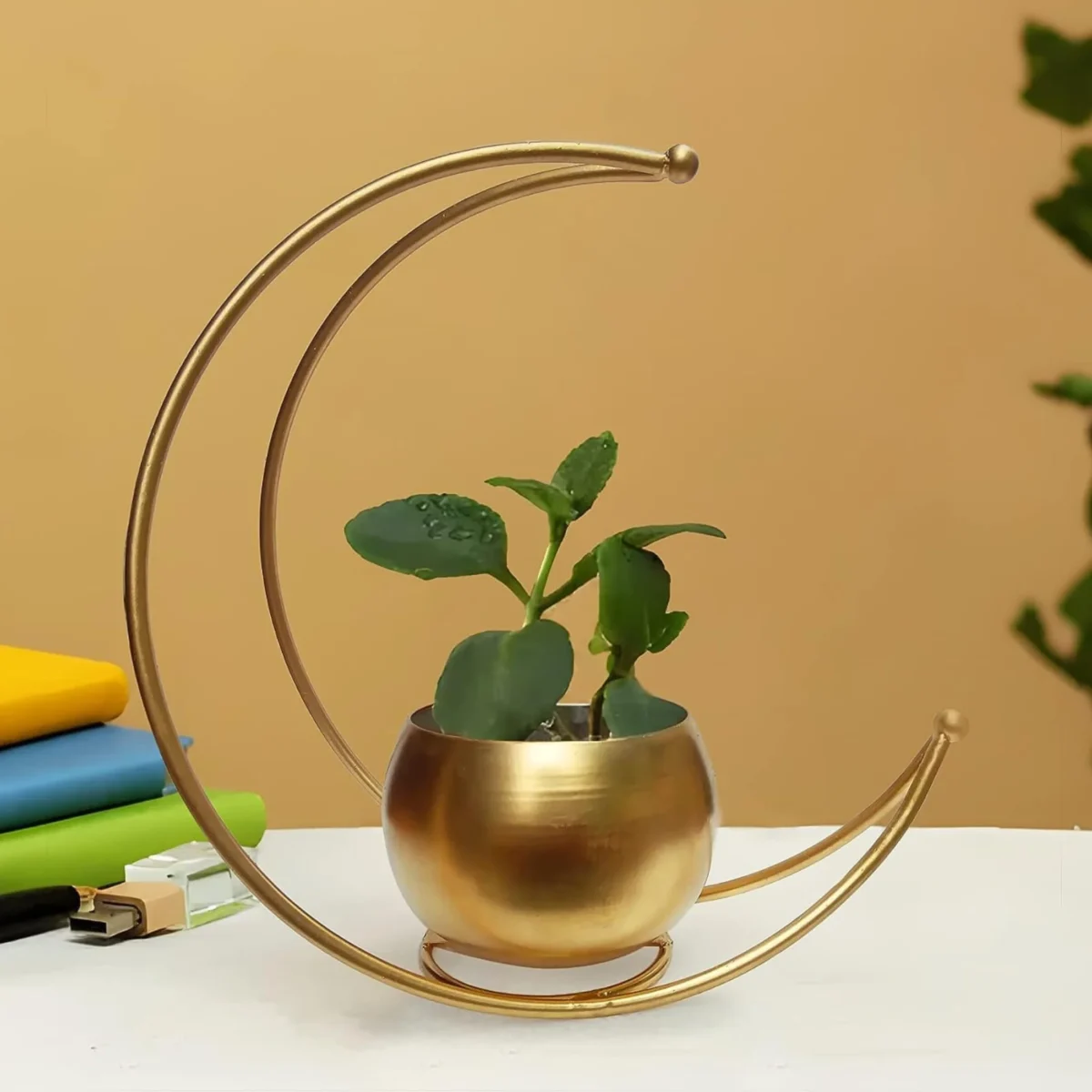 Crescent Moon Shape Golden Flower Pot & Tealight Candle Holder For Home Decor