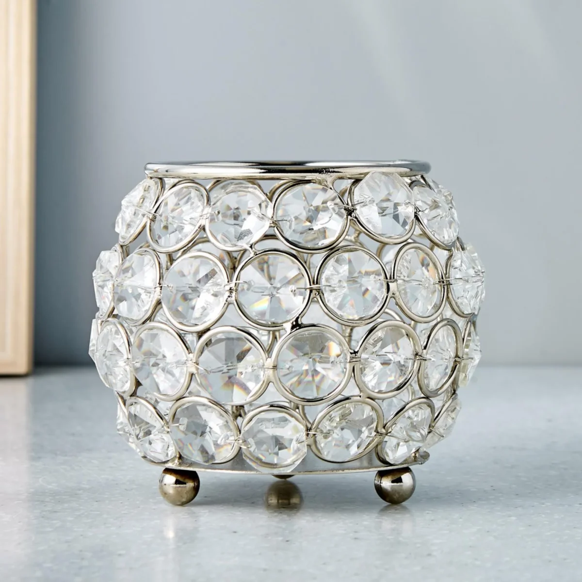 Fiesta Silver Crystal Glass Votive Candle Holder For Home Decor & Gifting