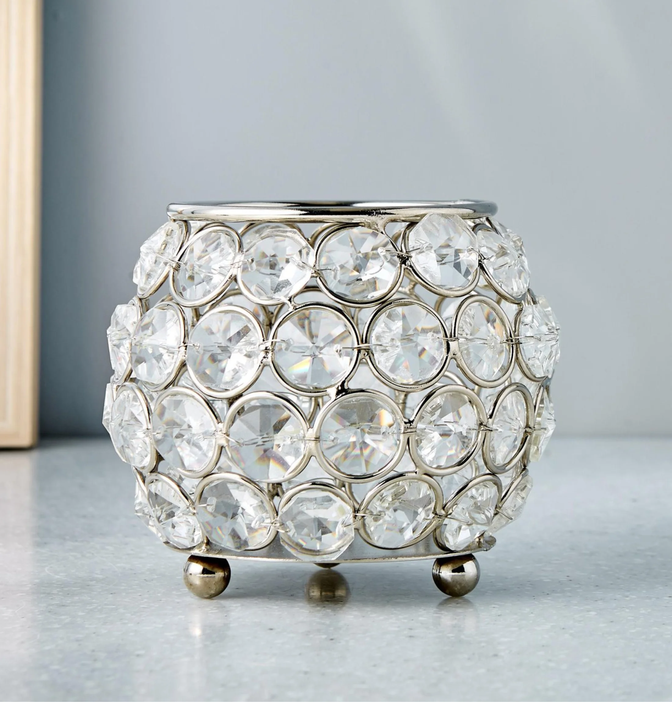 Fiesta Silver Crystal Glass Votive Candle Holder For Home Decor & Gifting