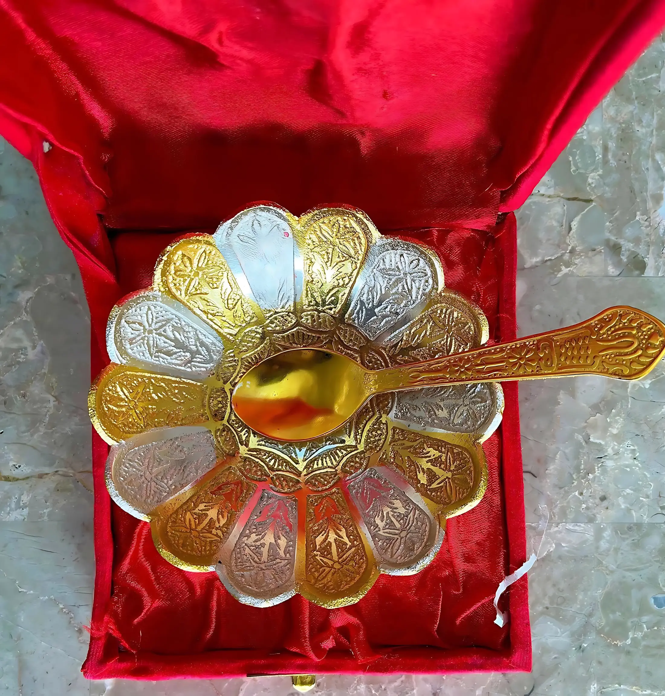 Golden Silver Plated German Silver Floral Bowl Set in Velvet Box for Gifting