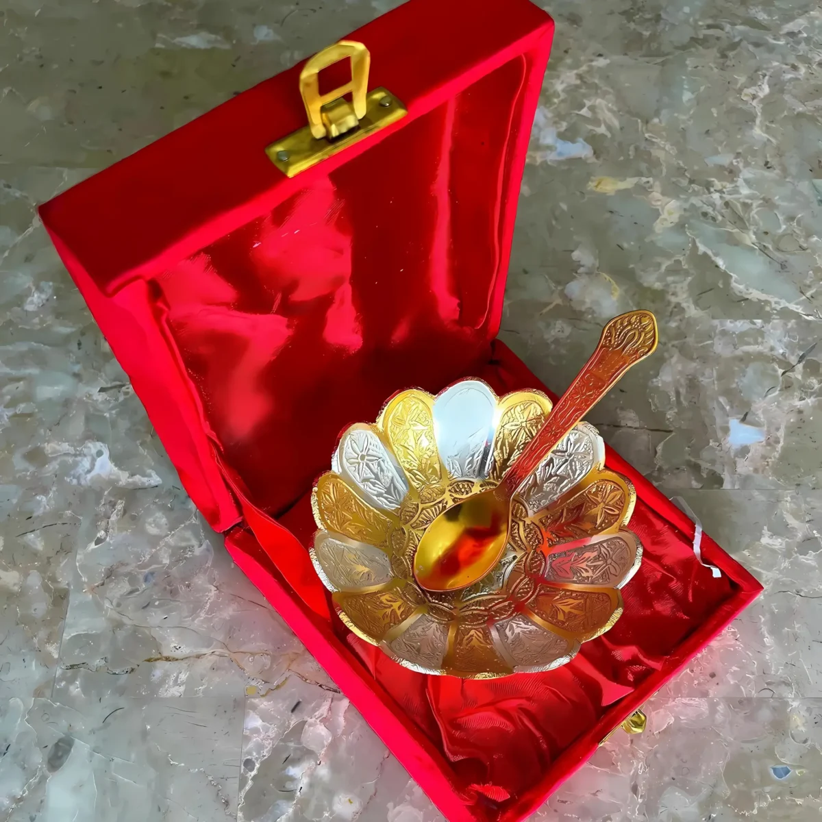 Golden Silver Plated German Silver Floral Bowl Set in Velvet Box for Gifting