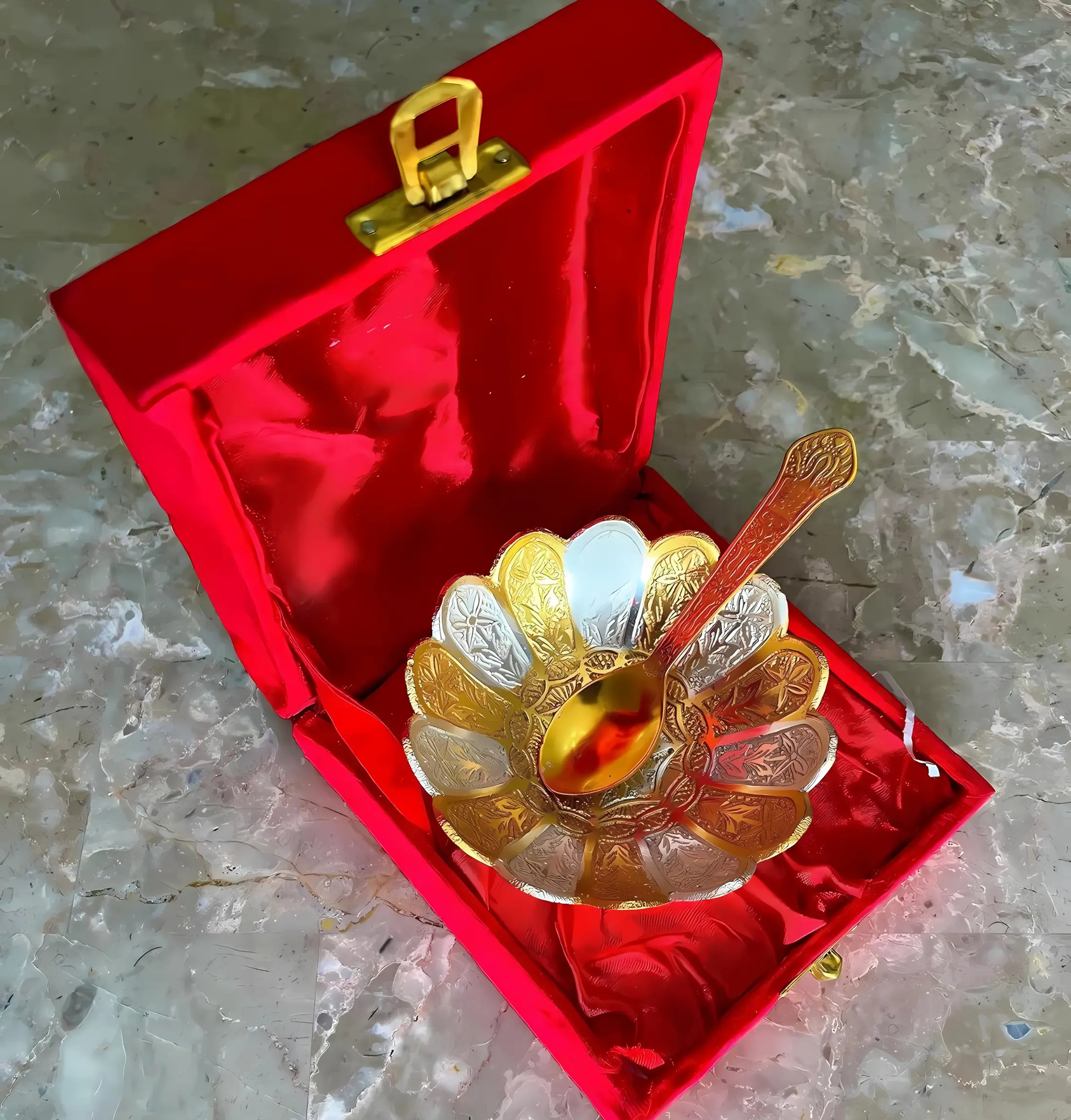 Golden Silver Plated German Silver Floral Bowl Set in Velvet Box for Gifting