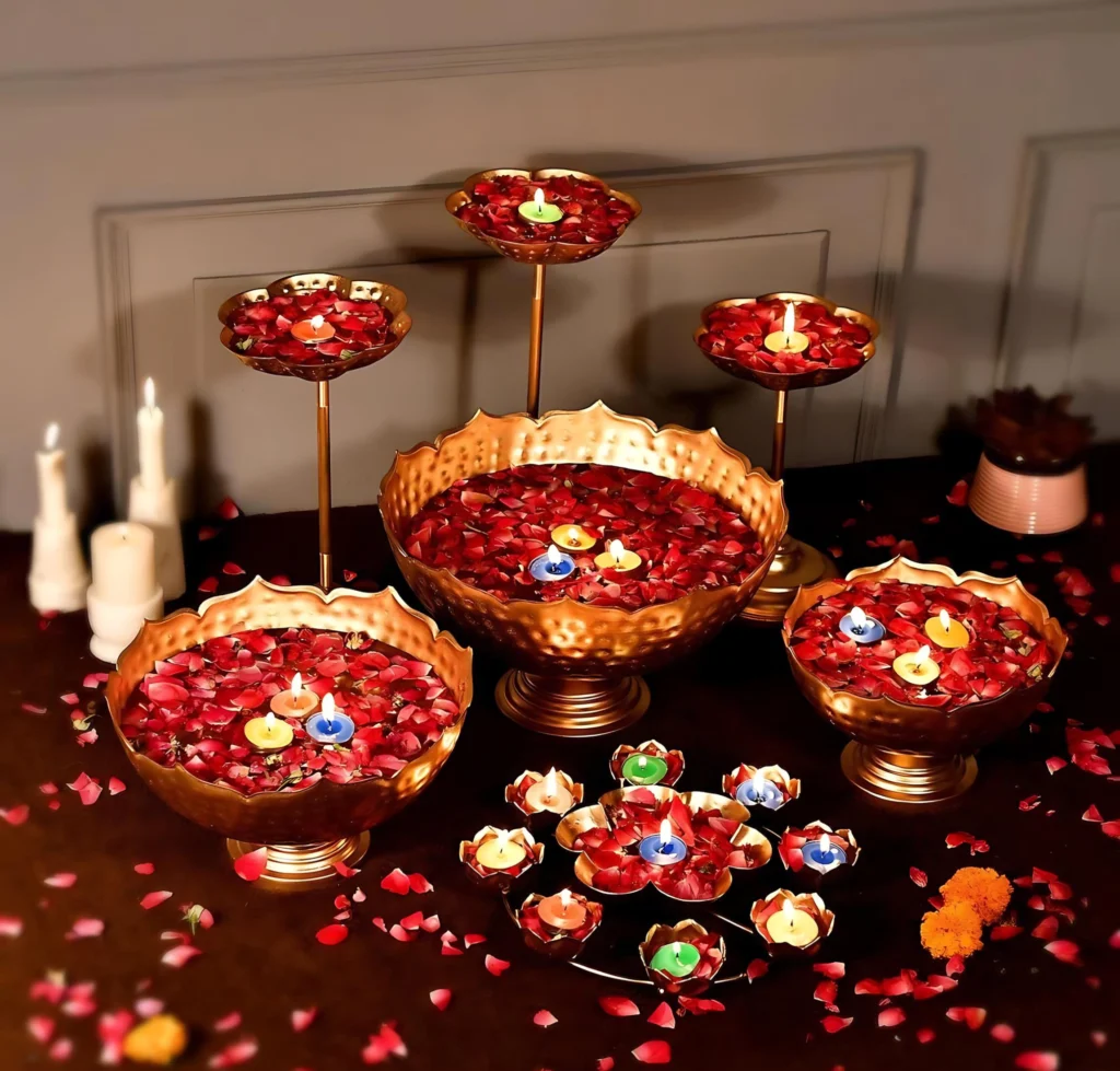 Moradabad metal craft Taj Urli Floating Flower Set with Rangoli Urli Set of 9 Pcs for Living Room, Pooja Diya, Diwali, Christmas, Festival Decor
