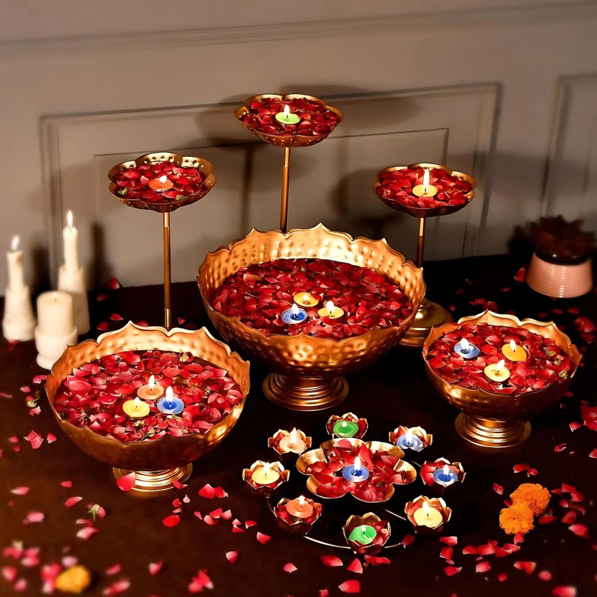 Moradabad metal craft Taj Urli Floating Flower Set with Rangoli Urli Set of 9 Pcs for Living Room, Pooja Diya, Diwali, Christmas, Festival Decor