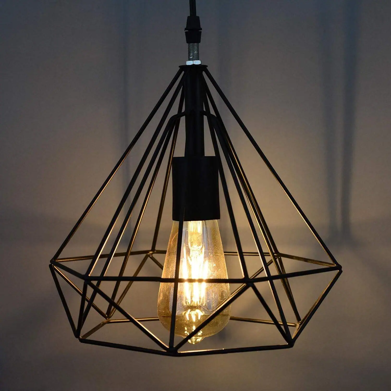 Edison Filament Hanging Caged Light Black Powder Coated Mild Steel Ceiling Lamp
