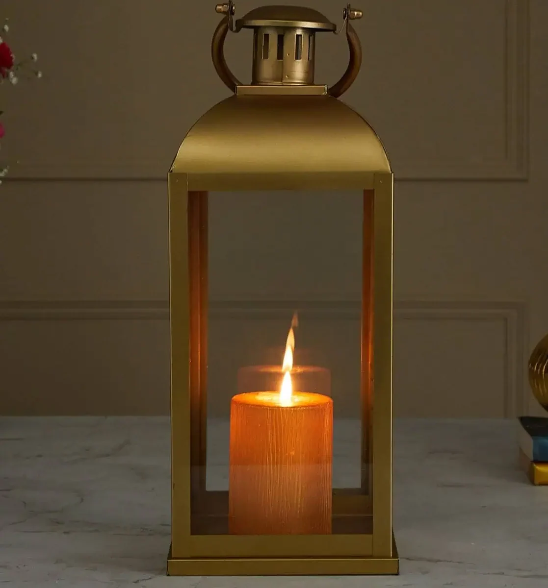 Metal & Glass Rectangular Lantern Golden Finish Home Décor Lighting