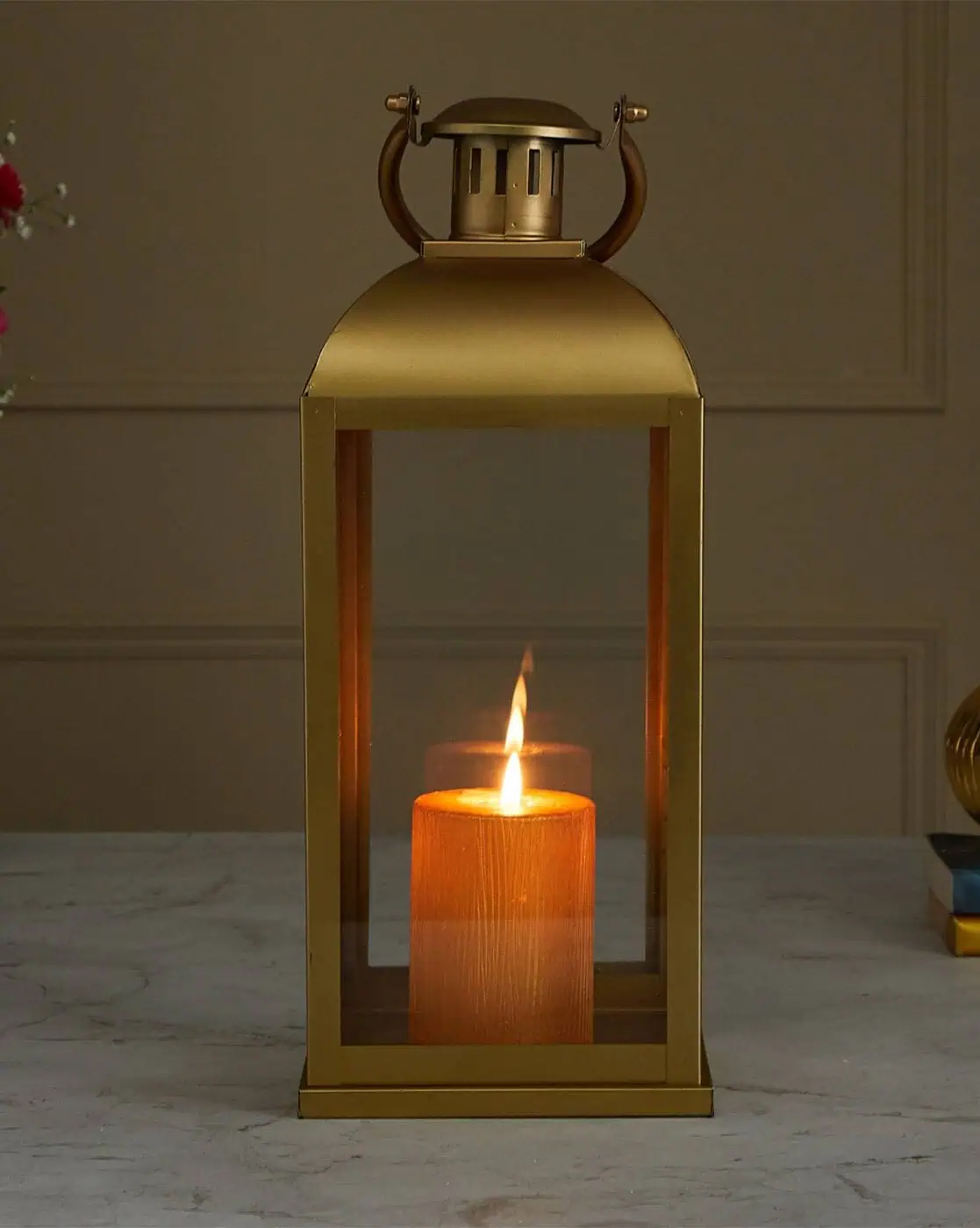 Metal & Glass Rectangular Lantern Golden Finish Home Décor Lighting