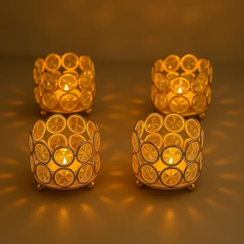 Crystal Tealight Candle Holder Golden Decorative Diya for Home & Festive Décor