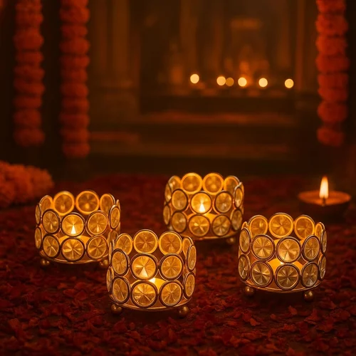 Crystal Tealight Candle Holder Golden Decorative Diya for Home & Festive Décor
