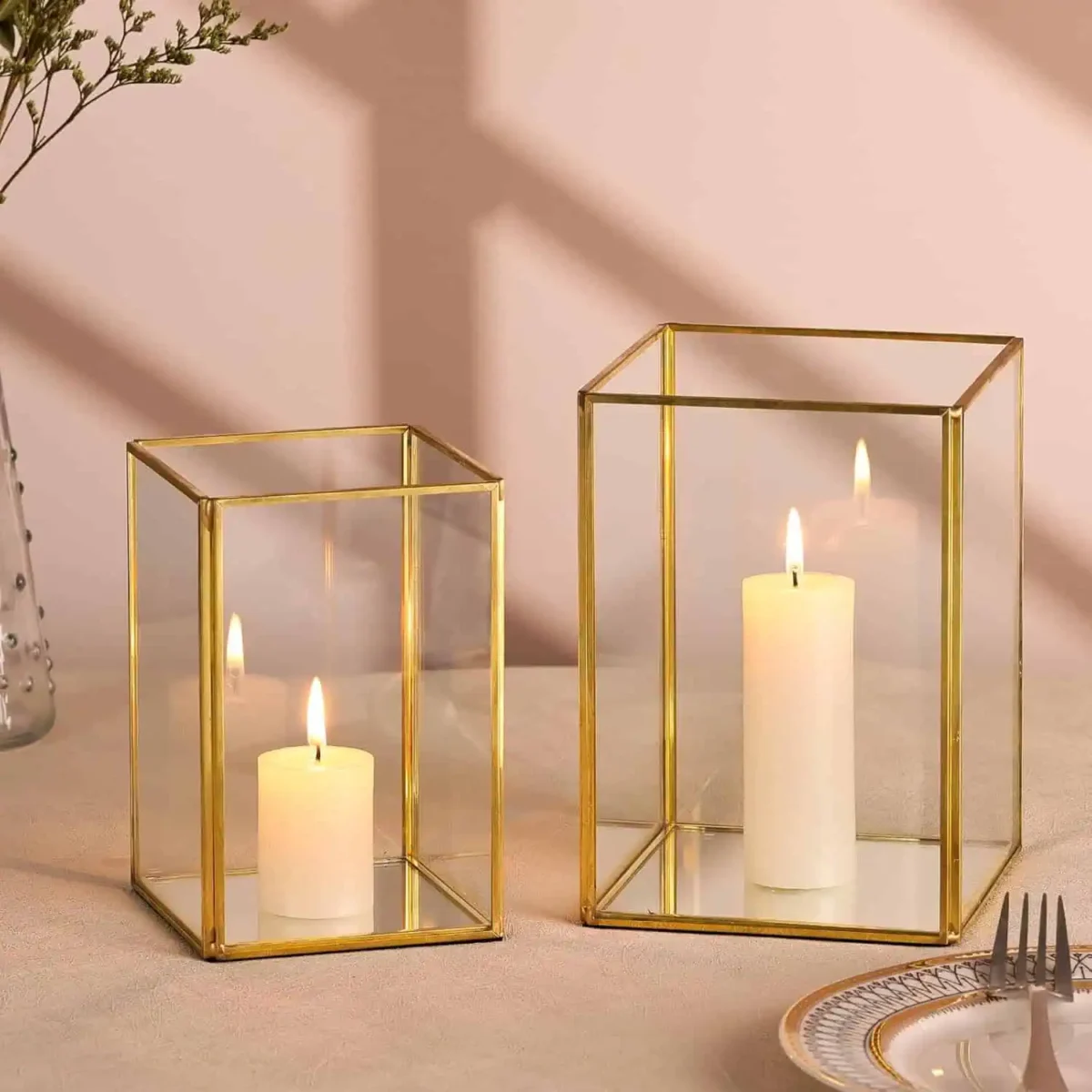 Glass Hurricane Candle Holder Lantern EPL Gold Finish Iron & Glass Decor