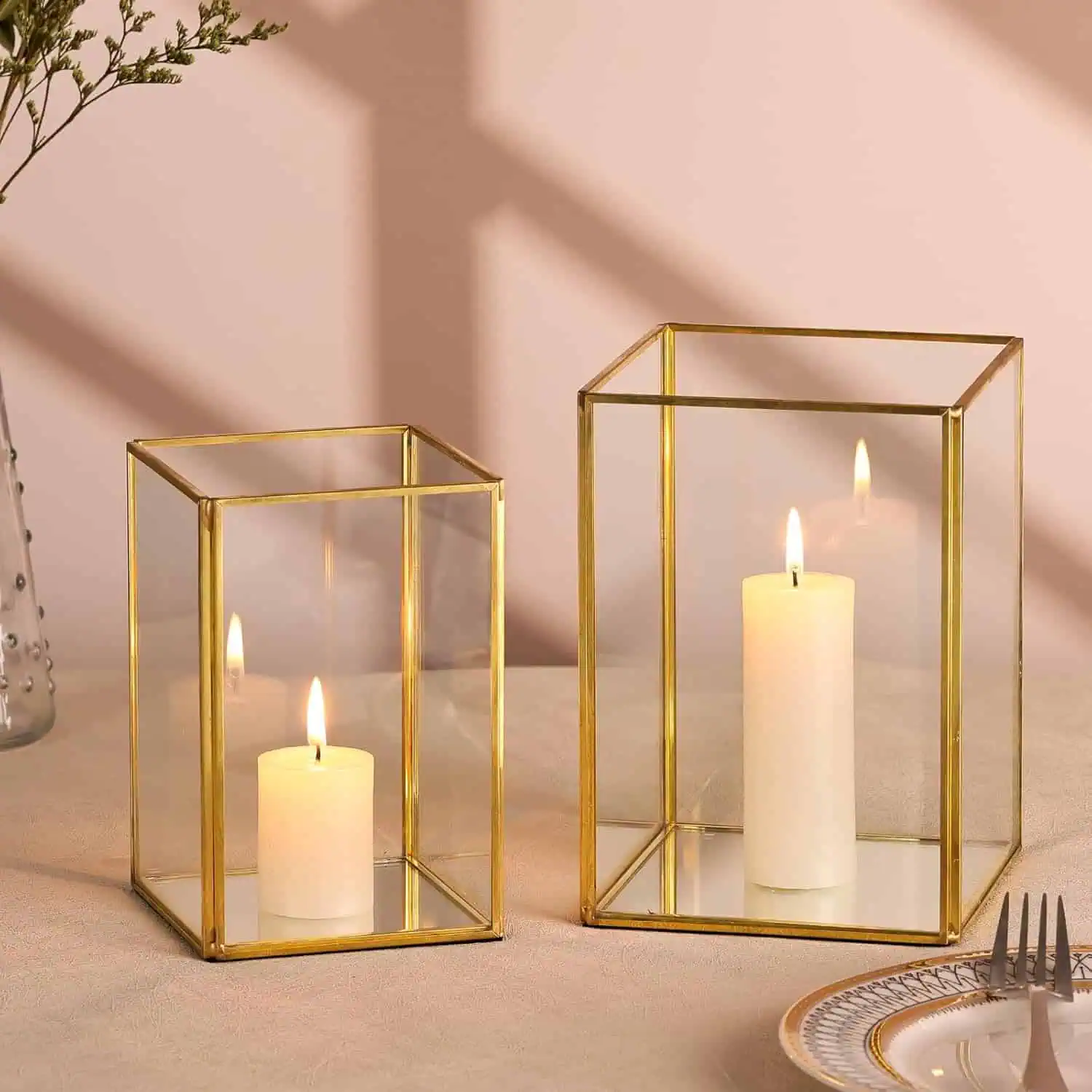 Glass Hurricane Candle Holder Lantern EPL Gold Finish Iron & Glass Decor