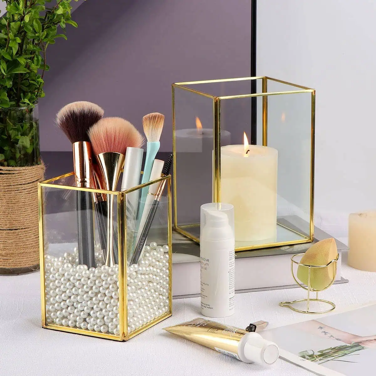 Glass Hurricane Candle Holder Lantern EPL Gold Finish Iron & Glass Decor