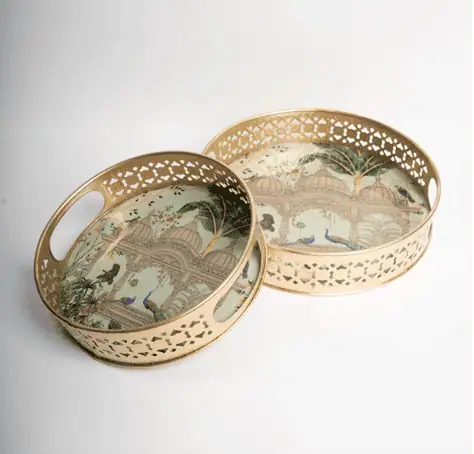 Decorative Iron Tray Set Enamel & Golden Finish Home Décor Trays