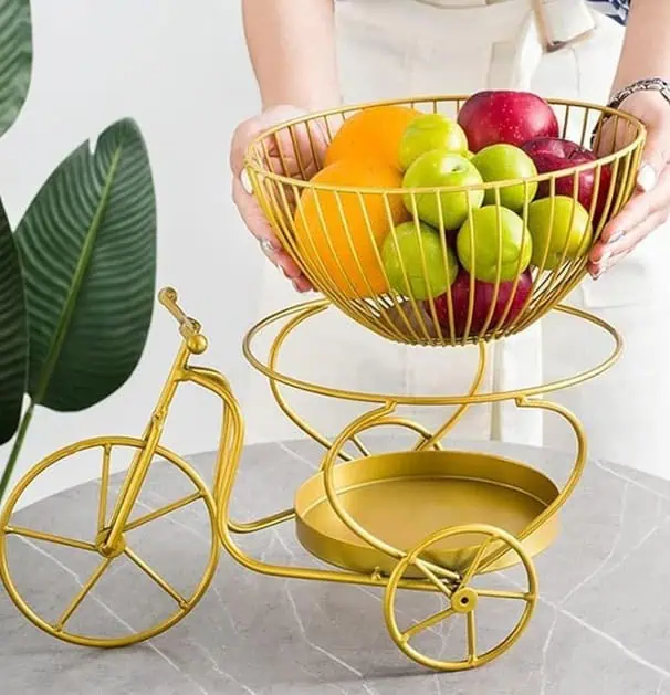 Golden Bicycle-Shaped Fruit Storage Basket Decorative Metal Home Organizer