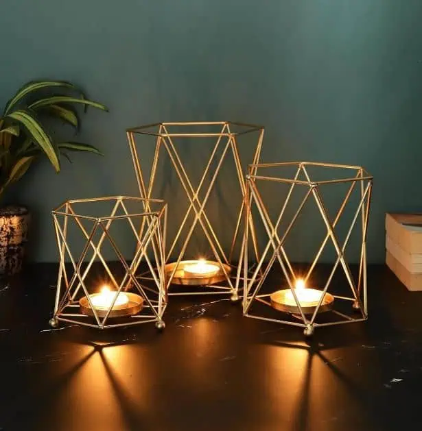 Iron Lantern and Candle Holder Golden Finish Decorative Accent