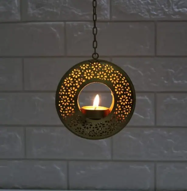 Golden Circlet Hanging Tealight Candle Holder Iron Round Lantern Decor