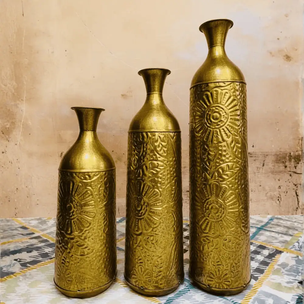 Vintage Embossed Metal Flower Vase Set of 3 (Nickel & Golden Finish)