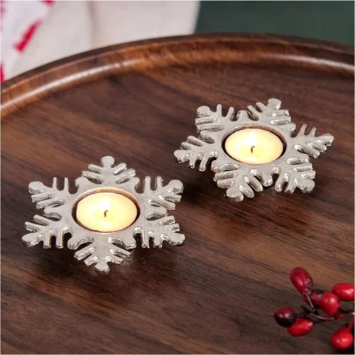 Silver Snowflake Tea Light Candle Holder Aluminum Decorative Accent
