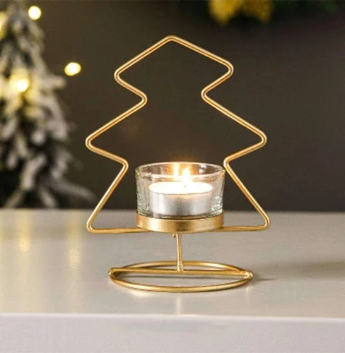 Christmas Tree Golden Metal Tea Light Candle Holder Festive Decorative Tabletop Lantern