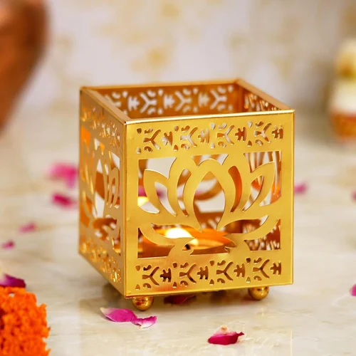 Gold Plated Lotus Tealight Candle Holder Iron Decorative Lotus Diya for Home Décor
