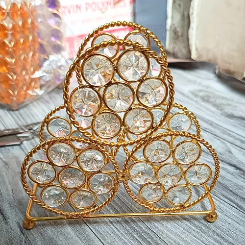 Golden Metal Crystal Napkin Holder Decorative Tabletop Tissue Stand for Dining & Kitchen