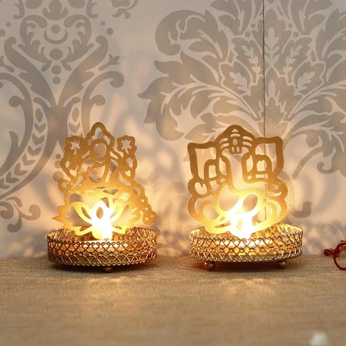 Golden Ganesha & Lakshmi Shadow Tealight Holders Iron Festive Diya Set