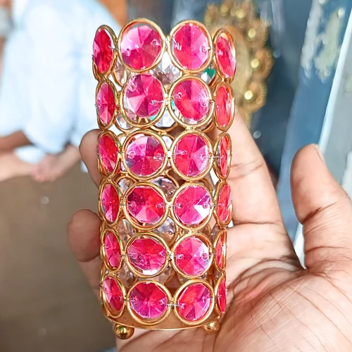 Golden Metal Pen Holder with Pink Crystals Decorative Desk Organizer & Office Accessory