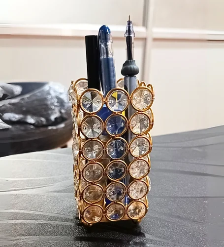 Metal Crystal Pen Holder Golden Decorative Desk Organizer for Office & Home
